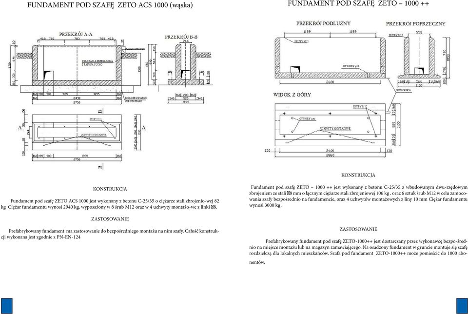 Fundament pod szafę ZETO 1000 ++ jest wykonany z betonu C-25/35 z wbudowanym dwu-rzędowym zbrojeniem ze stali 8 mm o łącznym ciężarze stali zbrojeniowej 106 kg.