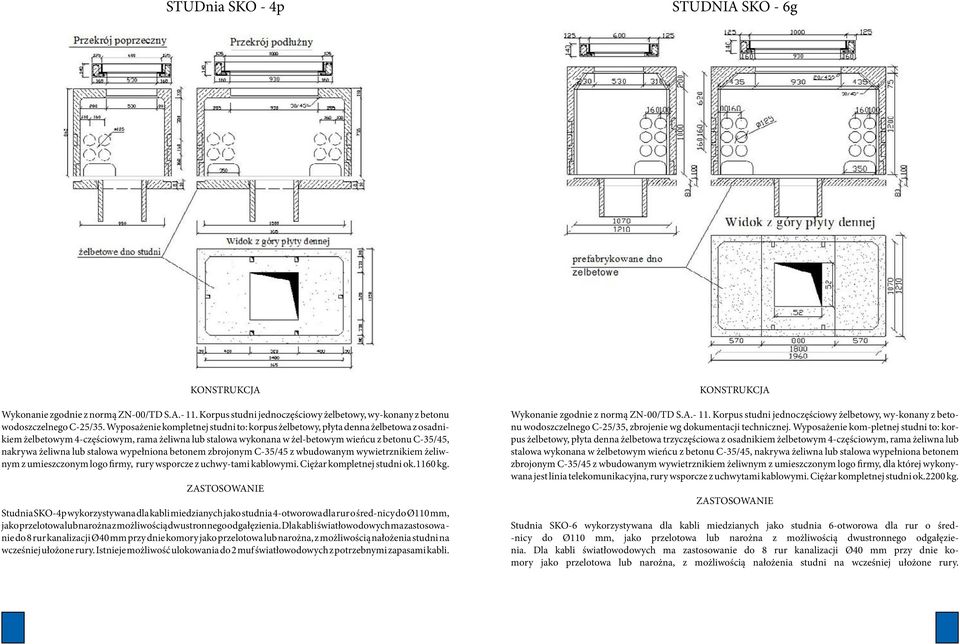 żeliwna lub stalowa wypełniona betonem zbrojonym C-35/45 z wbudowanym wywietrznikiem żeliwnym z umieszczonym logo firmy, rury wsporcze z uchwy-tami kablowymi. Ciężar kompletnej studni ok.1160 kg.