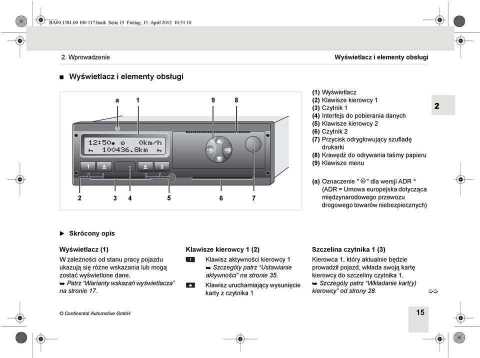 Czytnik 2 (7) Przycisk odryglowujący szufladę drukarki (8) Krawędź do odrywania taśmy papieru (9) Klawisze menu 2 2 3 4 5 6 7 (a) Oznaczenie " " dla wersji ADR * (ADR = Umowa europejska dotycząca