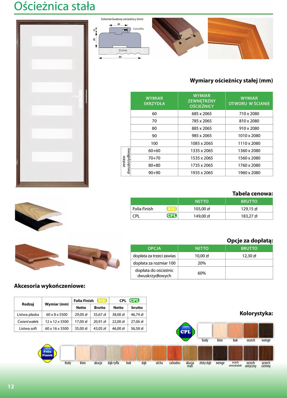 Wymiary ościeżnicy stałej (mm) zestaw dwuskrzydłowy akacja WYMIAR SKRZYDŁA buk dąb olcha calvados orzech wymiar zewnętrzny Ościeżnicy wymiar OTWORU W ŚCIANIE 60 685 x 2065 710 x 2080 Grubość muru -