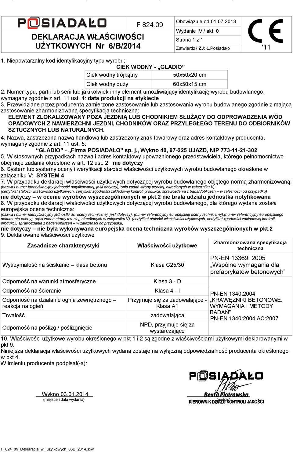 Wytrzymałość na ściskanie klasa betonu Klasa C25/30 PN-EN 13369: 2005 Wspólne wymagania dla prefabrykatów betonowych PN-EN 1340:2004 KRAWĘŻNIKI BETONOWE.