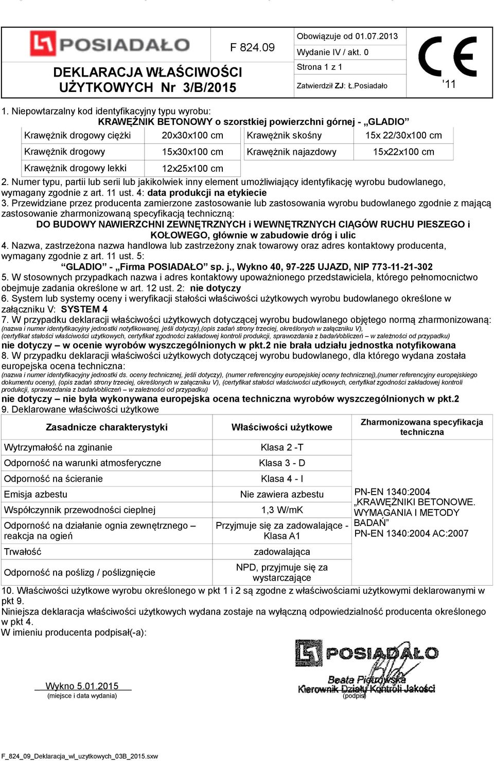 RUCHU PIESZEGO i KOŁOWEGO, głównie w zabudowie dróg i ulic Wytrzymałość na zginanie Klasa 2 -T PN-EN 1340:2004 KRAWĘŻNIKI BETONOWE.