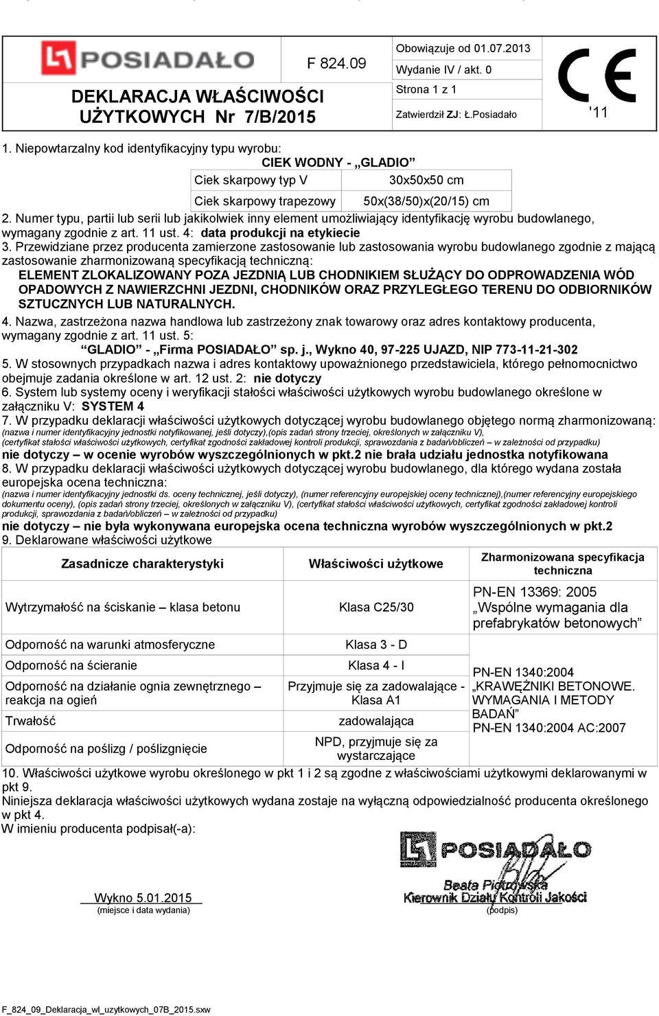 Wytrzymałość na ściskanie klasa betonu Klasa C25/30 PN-EN 13369: 2005 Wspólne wymagania dla prefabrykatów betonowych PN-EN 1340:2004 KRAWĘŻNIKI BETONOWE.