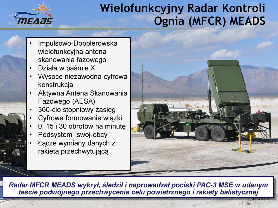 formowanie wiązki 0, 15 i 30 obrotów na minutę Podsystem swój-obcy Łącze wymiany danych z rakietą przechwytującą Radar MFCR