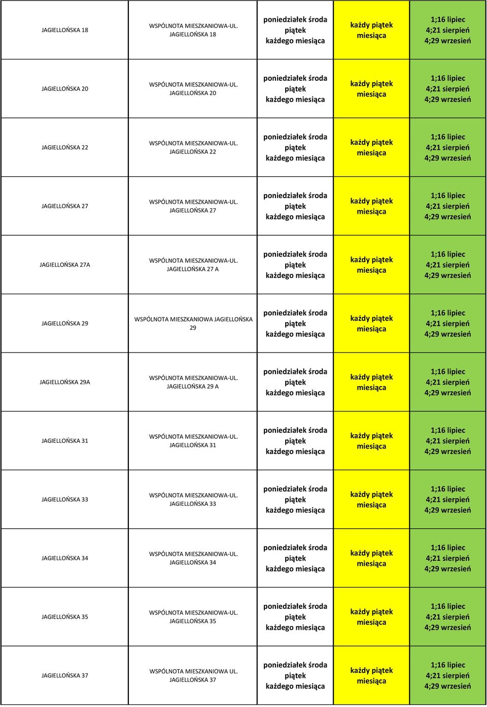 JAGIELLOŃSKA 29A JAGIELLOŃSKA 29 A każdy JAGIELLOŃSKA 31 JAGIELLOŃSKA 31 każdy JAGIELLOŃSKA 33 JAGIELLOŃSKA 33 każdy