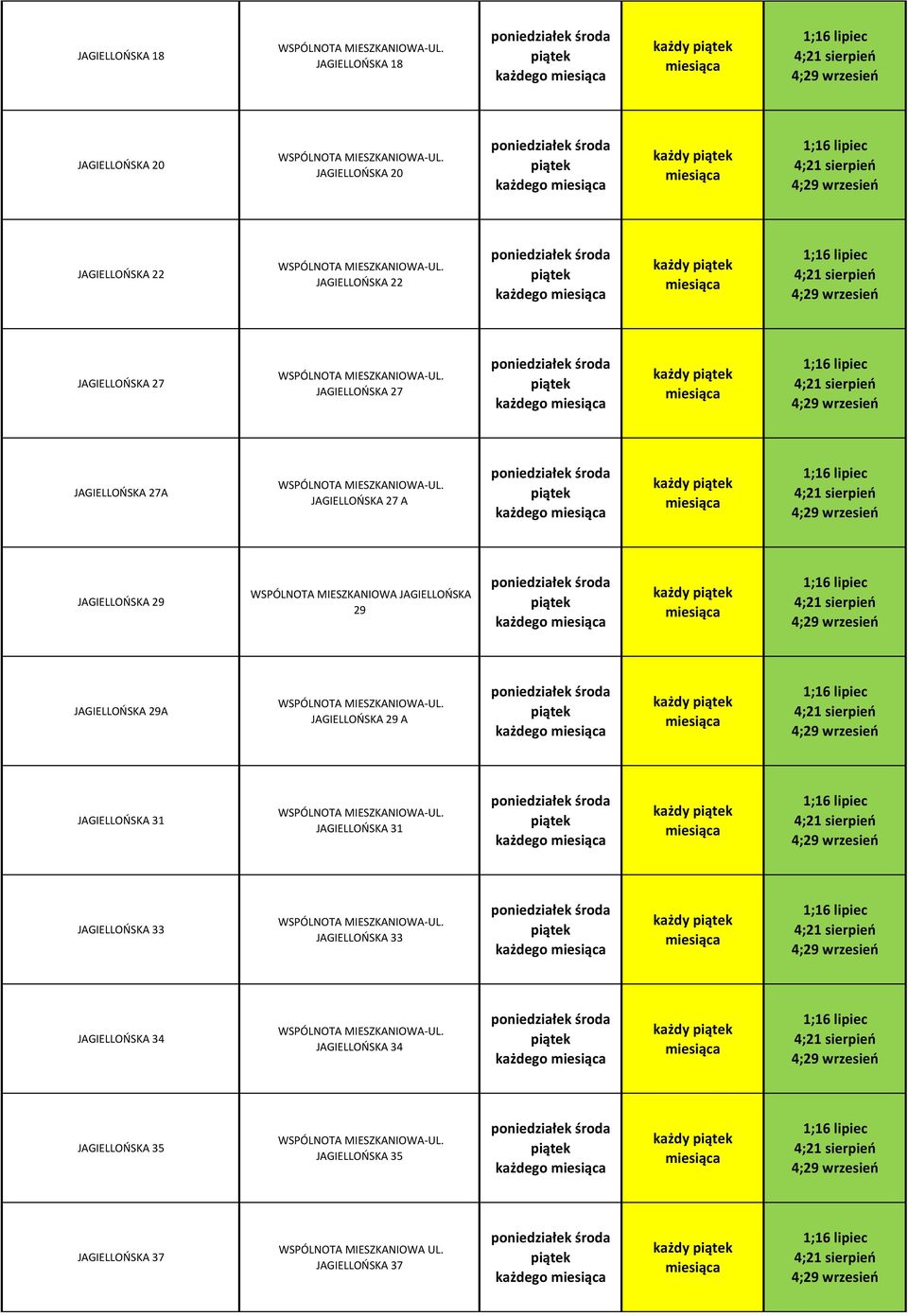 JAGIELLOŃSKA 29A JAGIELLOŃSKA 29 A każdy JAGIELLOŃSKA 31 JAGIELLOŃSKA 31 każdy JAGIELLOŃSKA 33 JAGIELLOŃSKA 33 każdy