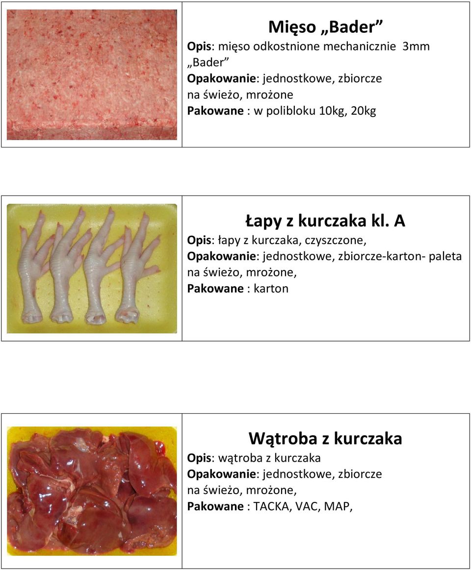 A Opis: łapy z kurczaka, czyszczone, na świeżo, mrożone, Pakowane : karton Wątroba z