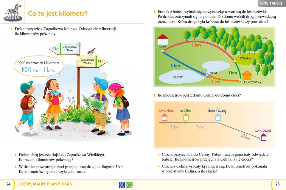 1000 đmã=1 kěmã 3 km JEZIORO MOST 2 km 1 km POLANA LEŚNICZÓWKA 3. Ile kilometrów jest z domu Celiny do domu cioci?