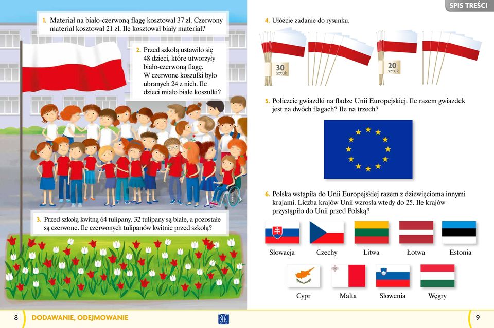 Ile na trzech? 3. Przed szkołą kwitną 64 tulipany. 32 tulipany są białe, a pozostałe są czerwone. Ile czerwonych tulipanów kwitnie przed szkołą? 6. Polska wstąpiła do Unii Europejskiej razem z dziewięcioma innymi krajami.