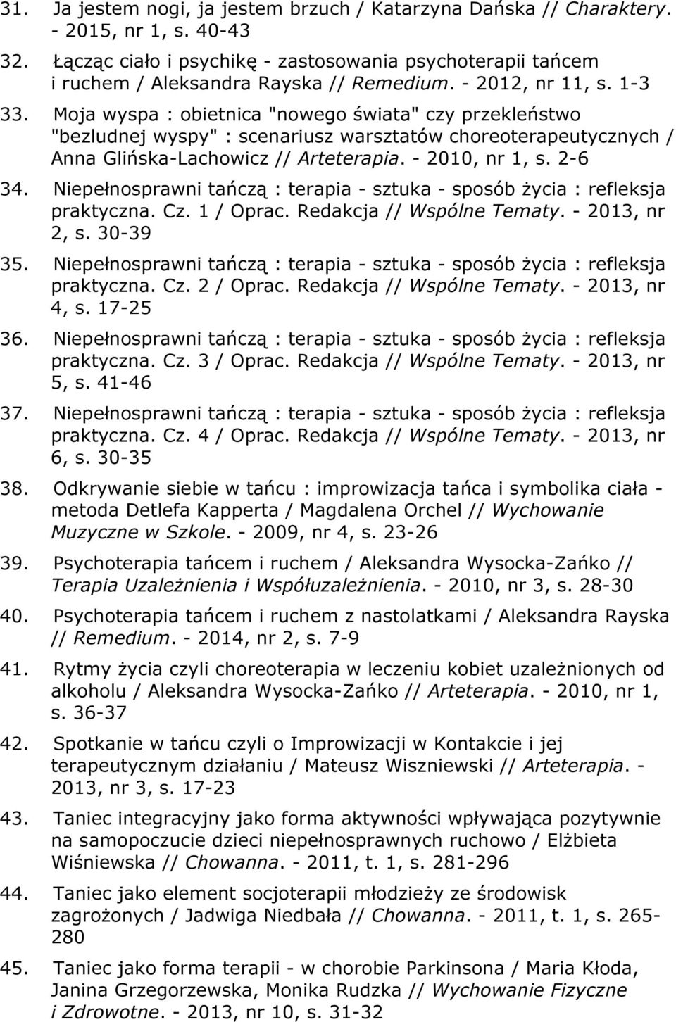 - 2010, nr 1, s. 2-6 34. Niepełnosprawni tańczą : terapia - sztuka - sposób życia : refleksja praktyczna. Cz. 1 / Oprac. Redakcja // Wspólne Tematy. - 2013, nr 2, s. 30-39 35.