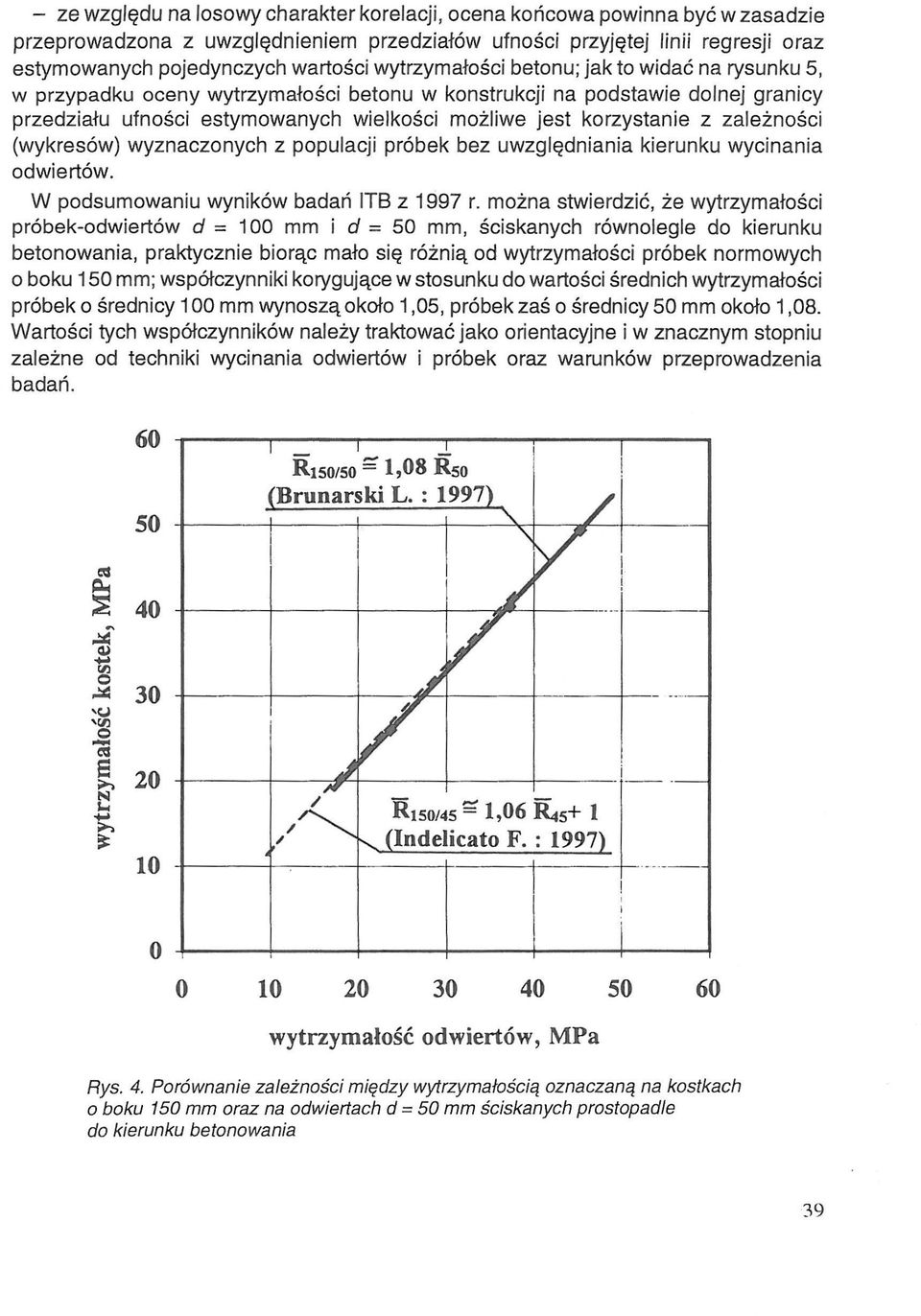 zależności (wykresów) wyznaczonych z populacji próbek bez uwzględniania kierunku wycinania odwiertów. W podsumowaniu wyników badań ITB z 1997 r.