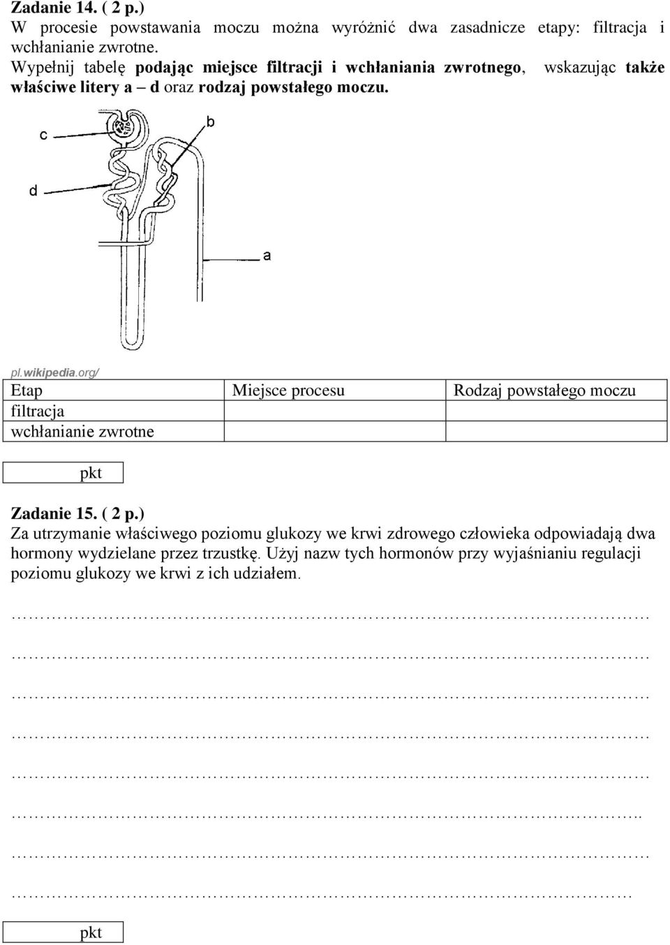 wikipedia.org/ Etap Miejsce procesu Rodzaj powstałego moczu filtracja wchłanianie zwrotne Zadanie 15. ( 2 p.