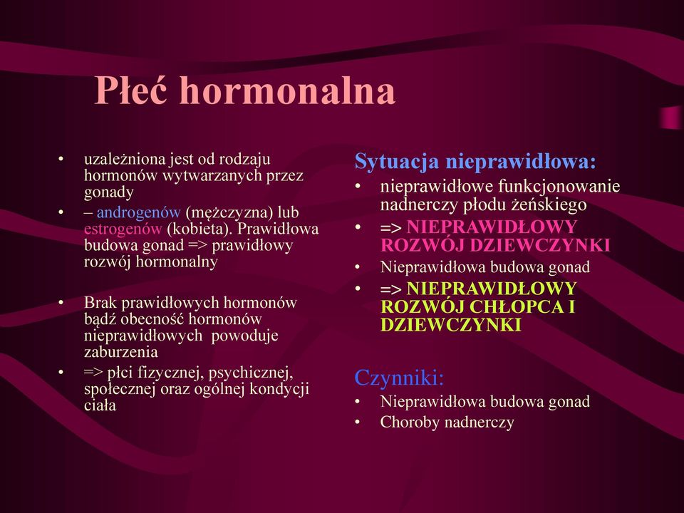 płci fizycznej, psychicznej, społecznej oraz ogólnej kondycji ciała Sytuacja nieprawidłowa: nieprawidłowe funkcjonowanie nadnerczy płodu