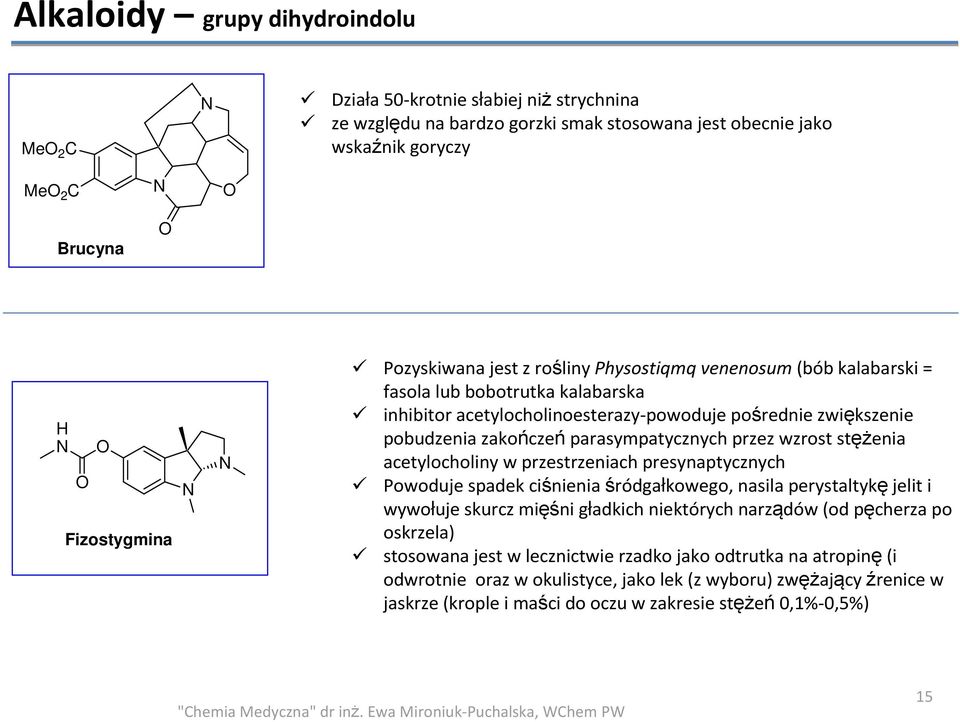 stężenia acetylocholiny w przestrzeniach presynaptycznych Powoduje spadek ciśnienia śródgałkowego, nasila perystaltykęjelit i wywołuje skurcz mięśni gładkich niektórych narządów (od pęcherza po