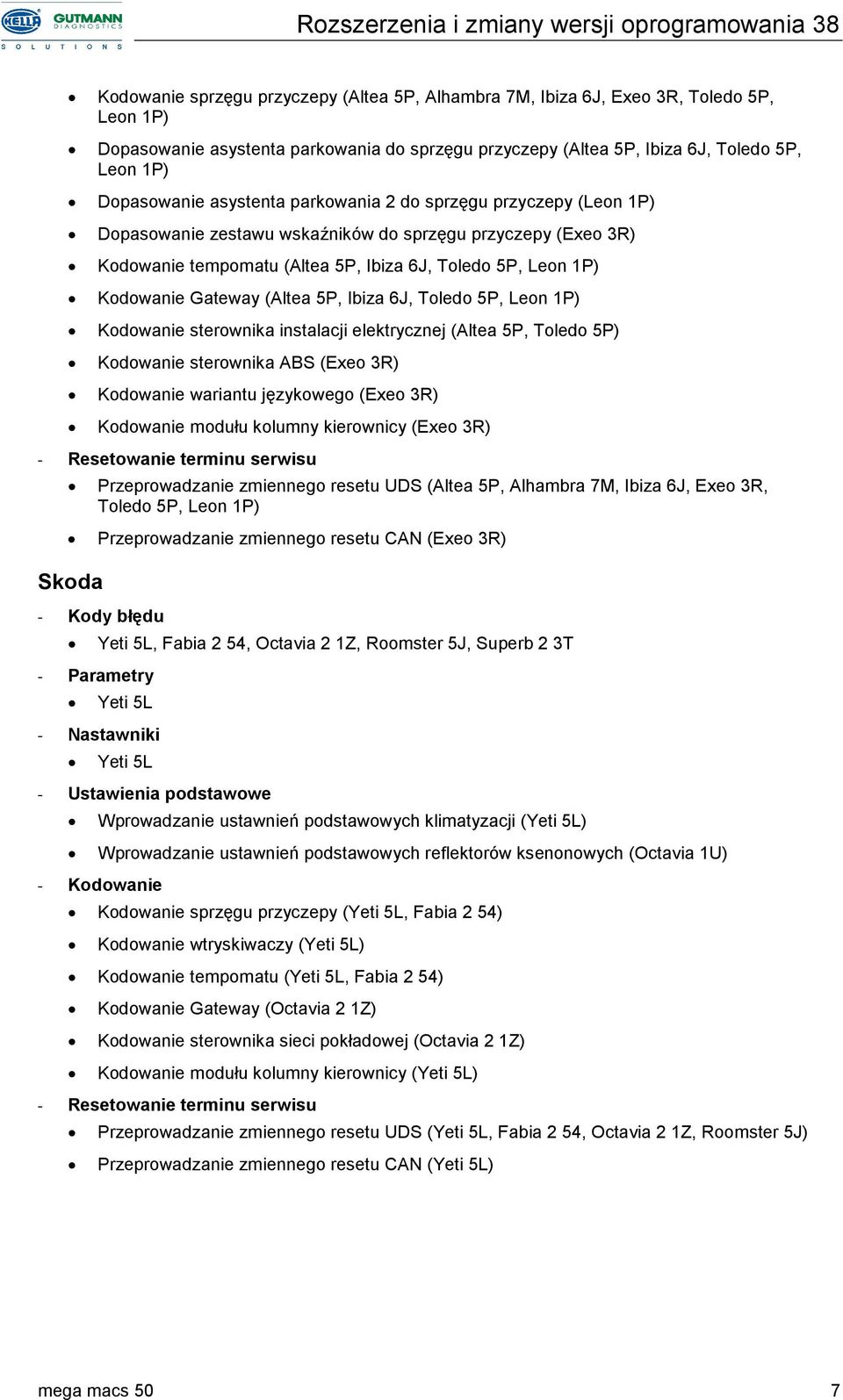 (Altea 5P, Ibiza 6J, Toledo 5P, Leon 1P) Kodowanie sterownika instalacji elektrycznej (Altea 5P, Toledo 5P) Kodowanie sterownika ABS (Exeo 3R) Kodowanie wariantu językowego (Exeo 3R) Kodowanie modułu