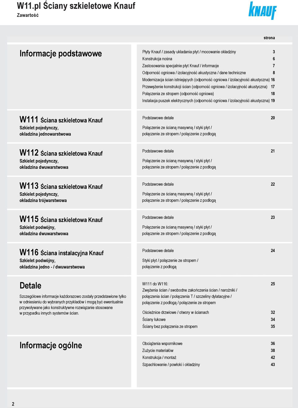 ogniowa / izolacyjność akustyczna) 17 Połączenia ze strope (odporność ogniowa) 18 Instalacja puszek elektrycznych (odporność ogniowa / izolacyjność akustyczna) 19 W111 Szkielet pojedynczy, okładzina