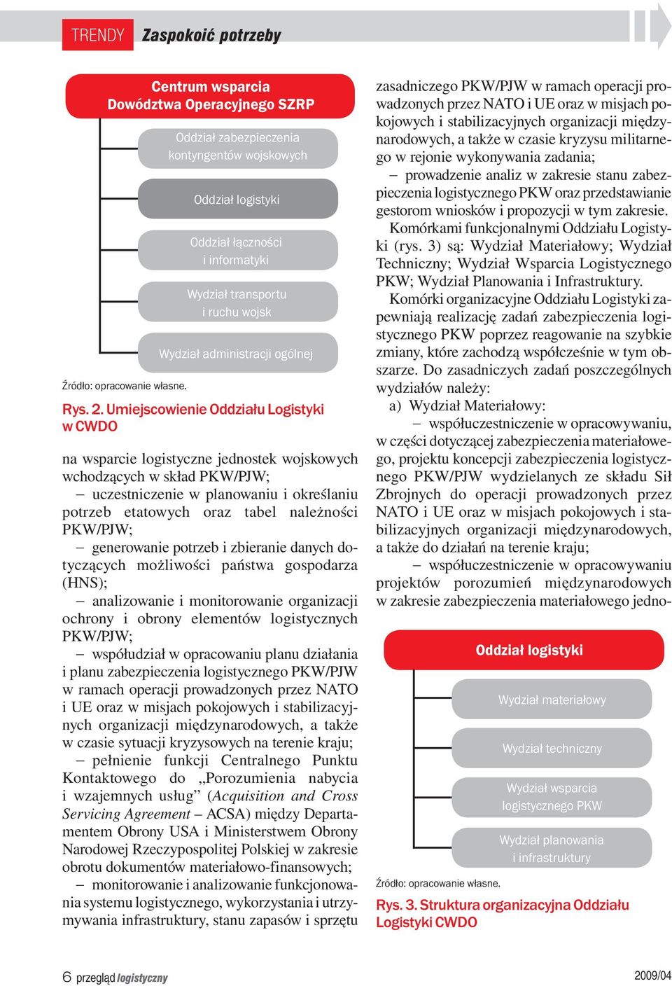 Umiejscowienie Oddziału Logistyki w CWDO na wsparcie logistyczne jednostek wojskowych wchodzących w skład PKW/PJW; uczestniczenie w planowaniu i określaniu potrzeb etatowych oraz tabel należności