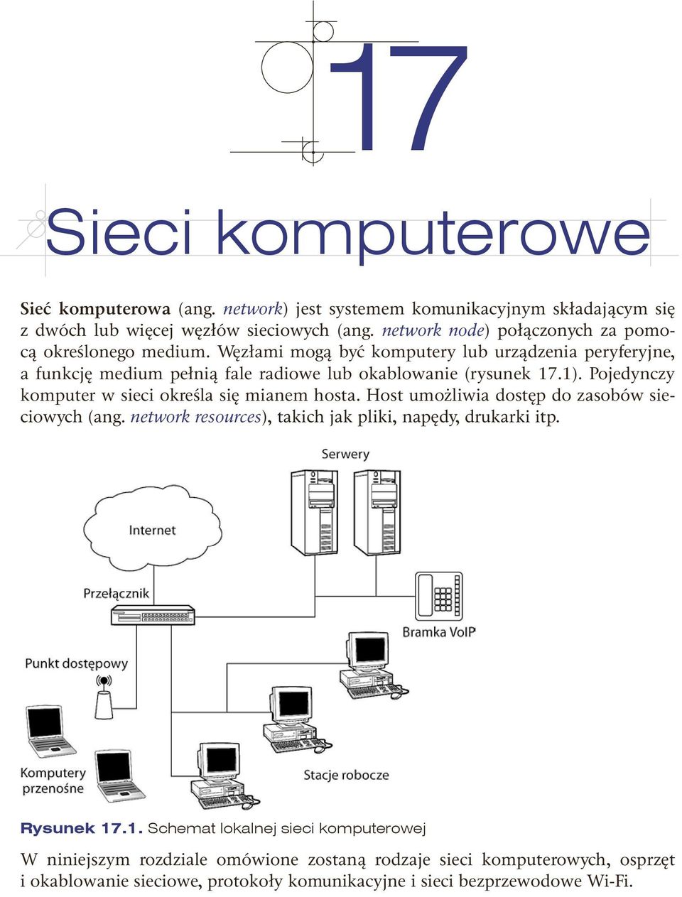 Węzłami mogą być komputery lub urządzenia peryferyjne, a funkcję medium pełnią fale radiowe lub okablowanie (rysunek 17.1).