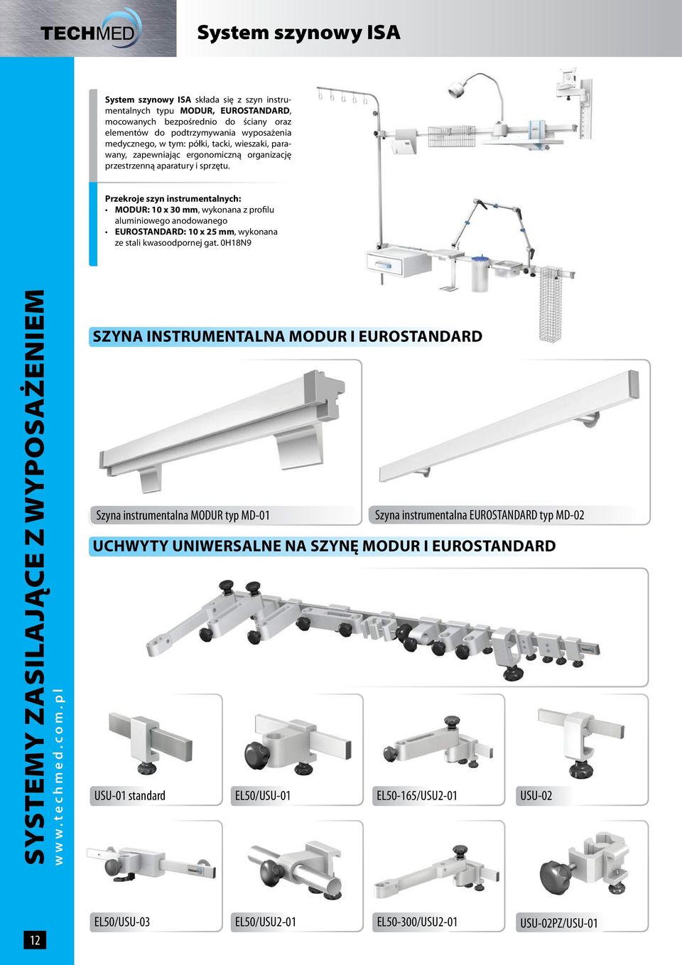Przekroje szyn instrumentalnych: MODUR: 10 x 30 mm, wykonana z profilu aluminiowego anodowanego EUROTANDARD: 10 x 25 mm, wykonana ze stali kwasoodpornej gat.