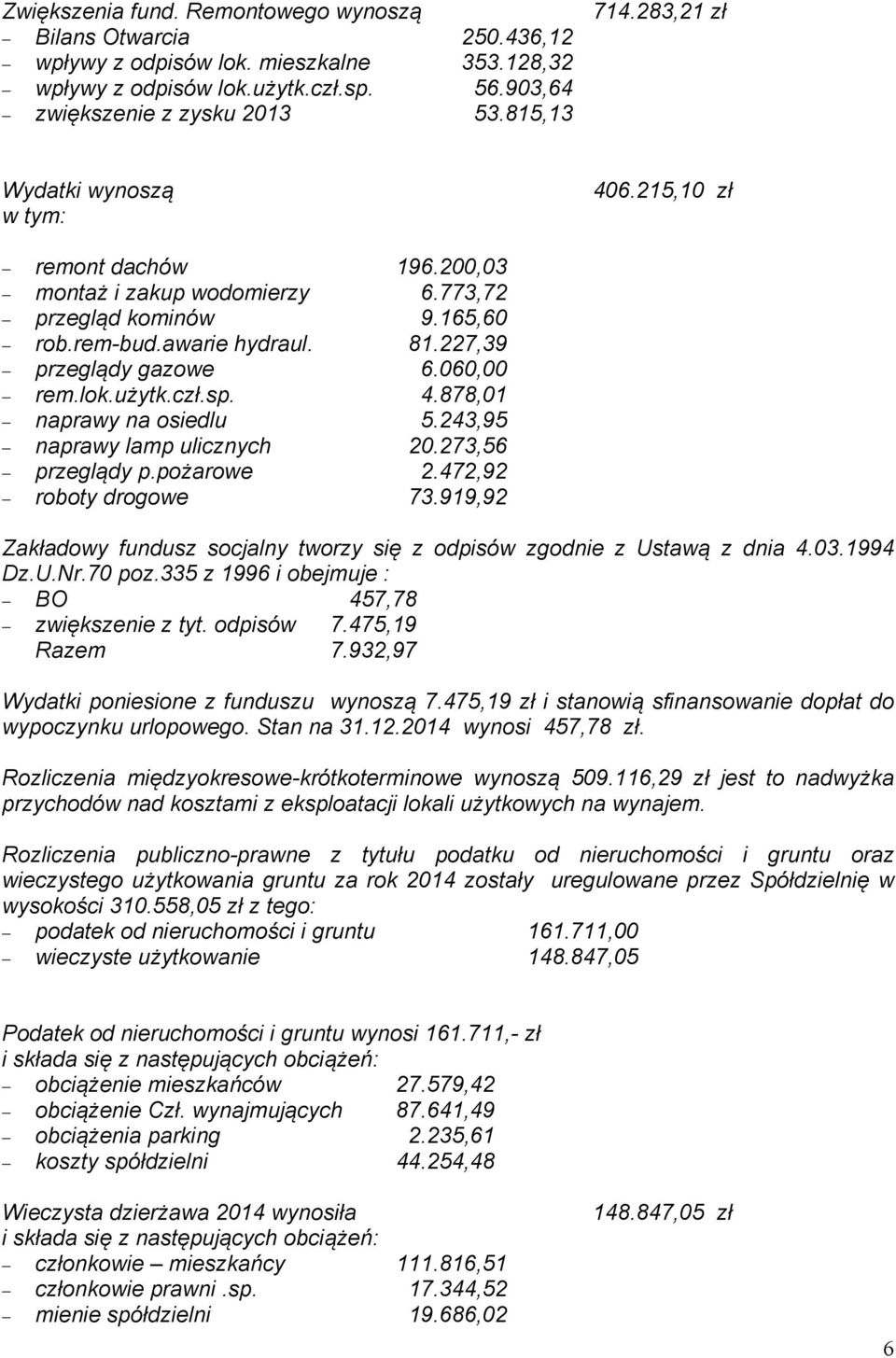 060,00 rem.lok.użytk.czł.sp. 4.878,01 naprawy na osiedlu 5.243,95 naprawy lamp ulicznych 20.273,56 przeglądy p.pożarowe 2.472,92 roboty drogowe 73.