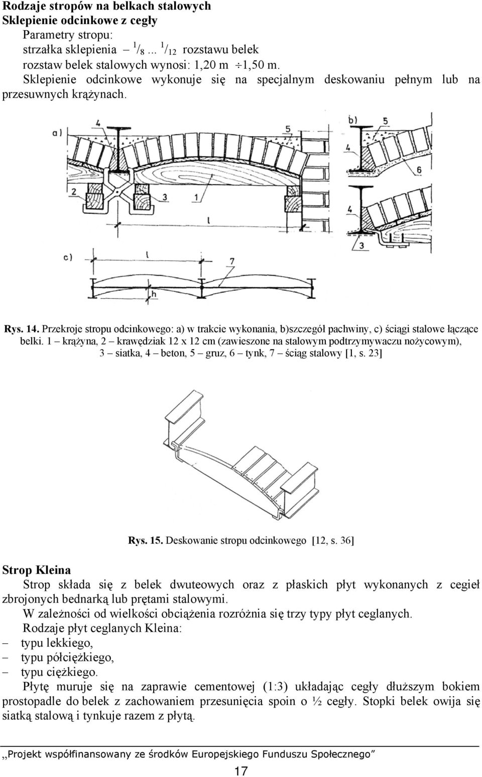 Przekroje stropu odcinkowego: a) w trakcie wykonania, b)szczegół pachwiny, c) ściągi stalowe łączące belki.