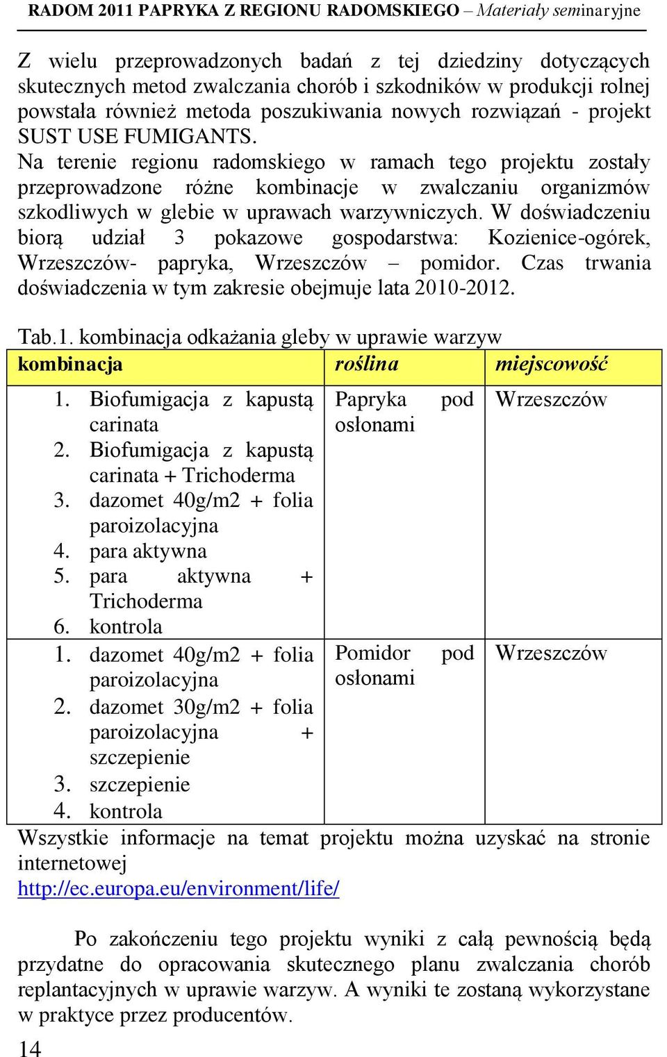 W doświadczeniu biorą udział 3 pokazowe gospodarstwa: Kozienice-ogórek, Wrzeszczów- papryka, Wrzeszczów pomidor. Czas trwania doświadczenia w tym zakresie obejmuje lata 2010