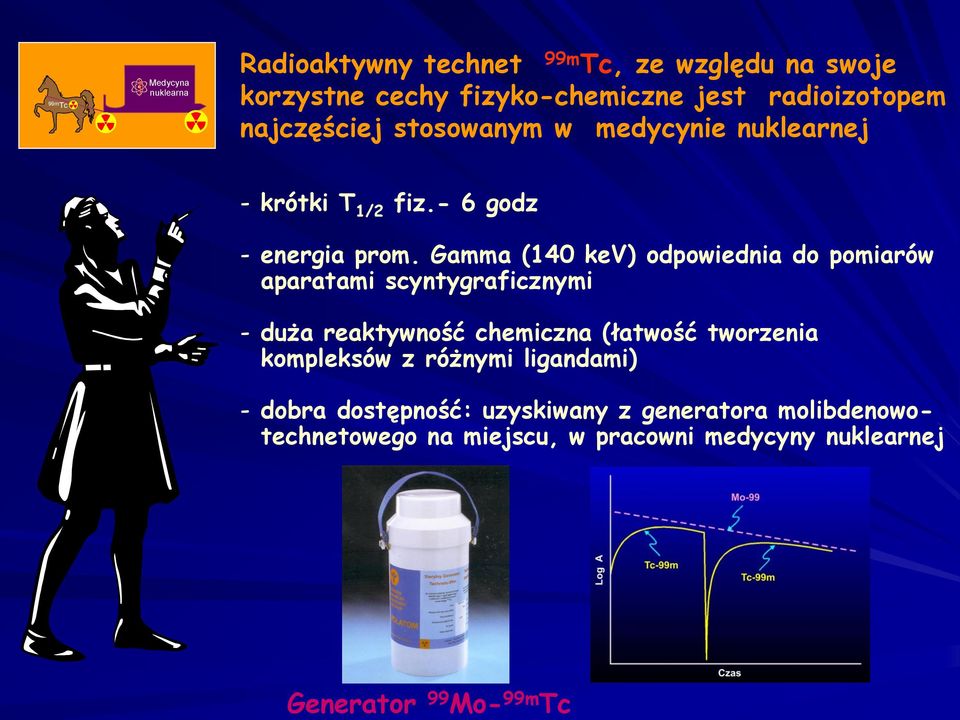 Gamma (140 kev) odpowiednia do pomiarów aparatami scyntygraficznymi - duża reaktywność chemiczna (łatwość tworzenia