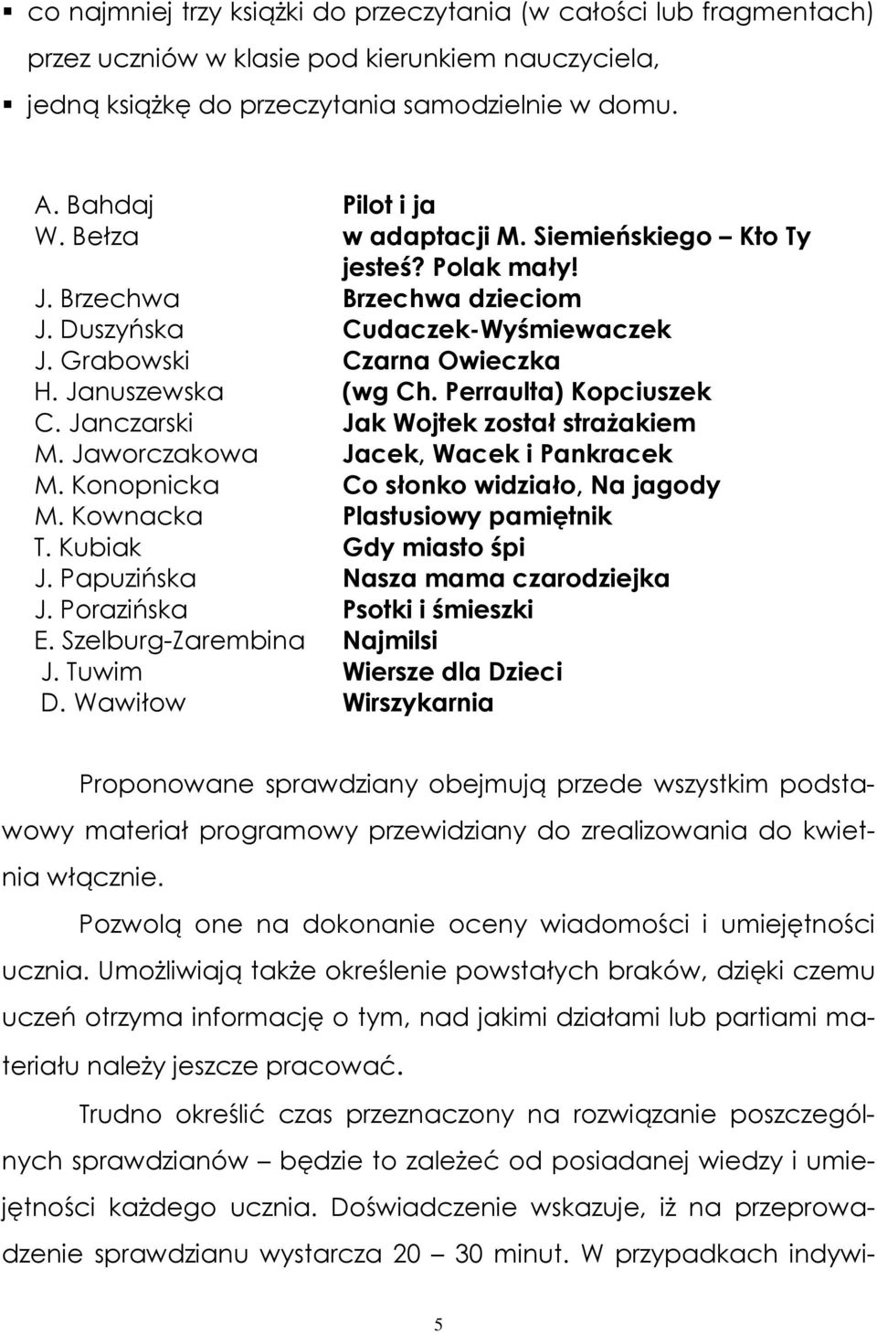 Perraulta) Kopciuszek C. Janczarski Jak Wojtek został strażakiem M. Jaworczakowa Jacek, Wacek i Pankracek M. Konopnicka Co słonko widziało, Na jagody M. Kownacka Plastusiowy pamiętnik T.