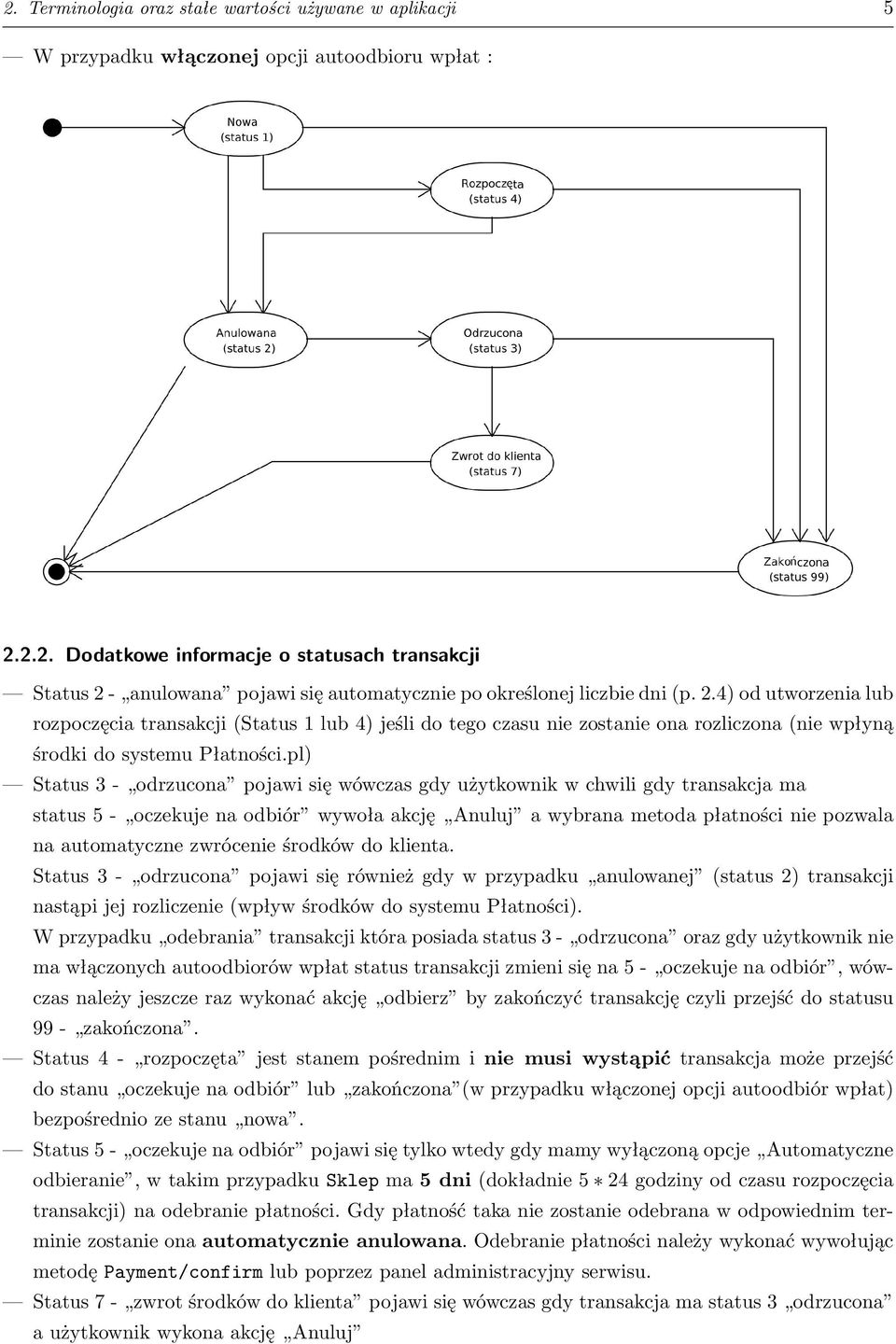 pl) Status 3 - odrzucona pojawi się wówczas gdy użytkownik w chwili gdy transakcja ma status 5 - oczekuje na odbiór wywoła akcję Anuluj a wybrana metoda płatności nie pozwala na automatyczne