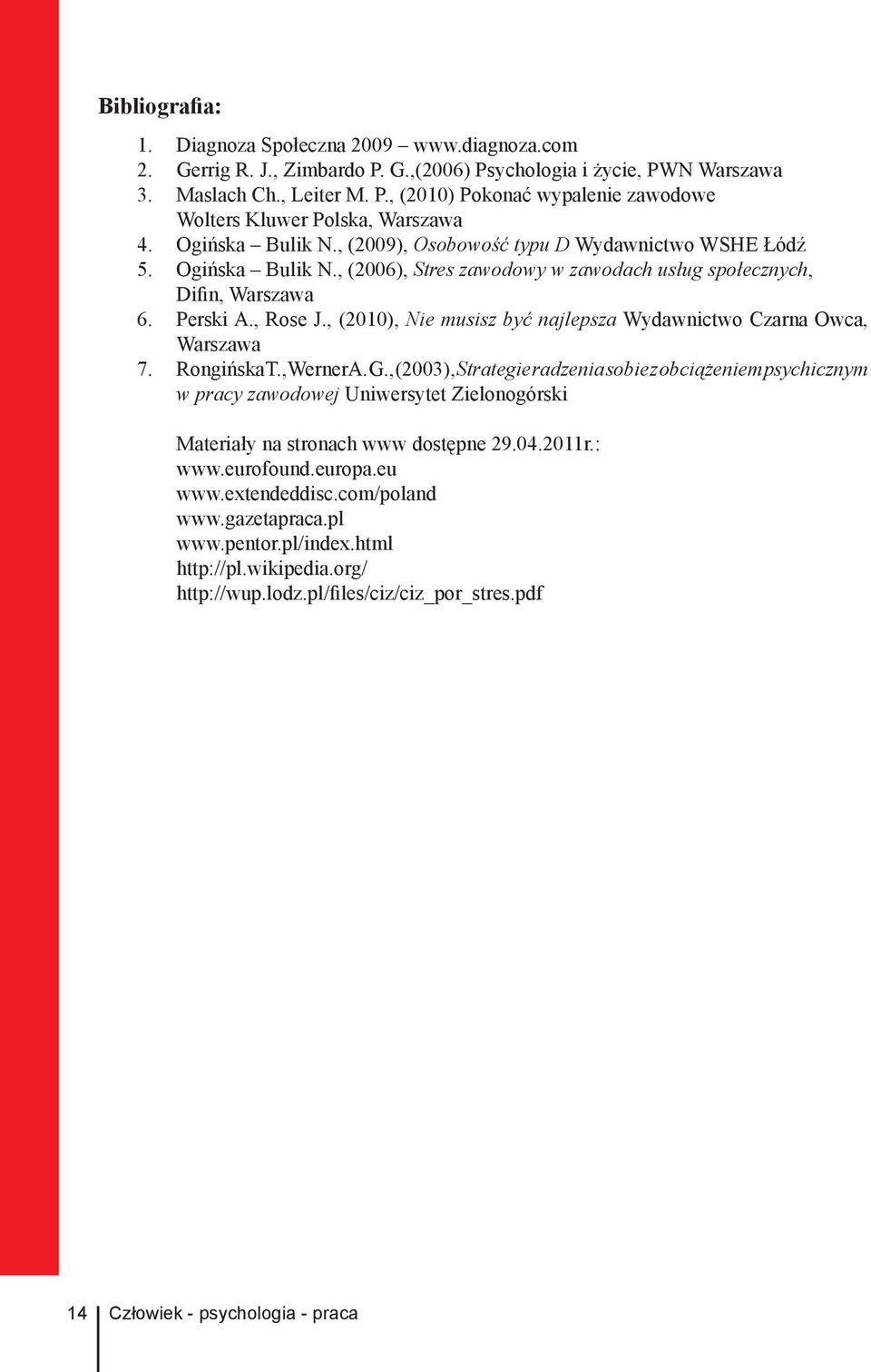 , (2010), Nie musisz być najlepsza Wydawnictwo Czarna Owca, Warszawa 7. Rongińska T., Werner A. G.