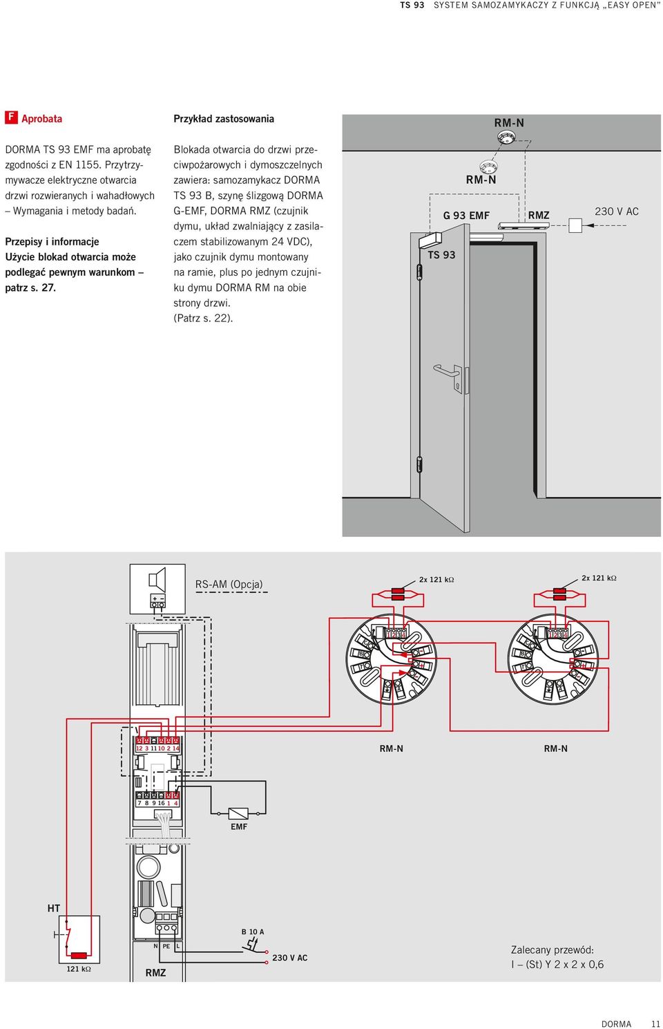 Blokada otwarcia do drzwi przeciwpożarowych i dymoszczelnych zawiera: samozamykacz DORMA TS 9 B, szynę ślizgową DORMA G-EMF, DORMA RMZ (czujnik dymu, układ zwalniający z zasilaczem stabilizowanym 24