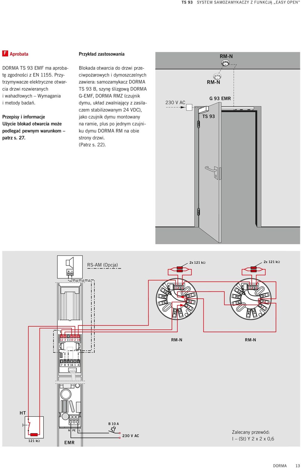 Blokada otwarcia do drzwi przeciwpożarowych i dymoszczelnych zawiera: samozamykacz DORMA TS 9 B, szynę ślizgową DORMA G-EMF, DORMA RMZ (czujnik dymu, układ zwalniający z zasilaczem stabilizowanym 24
