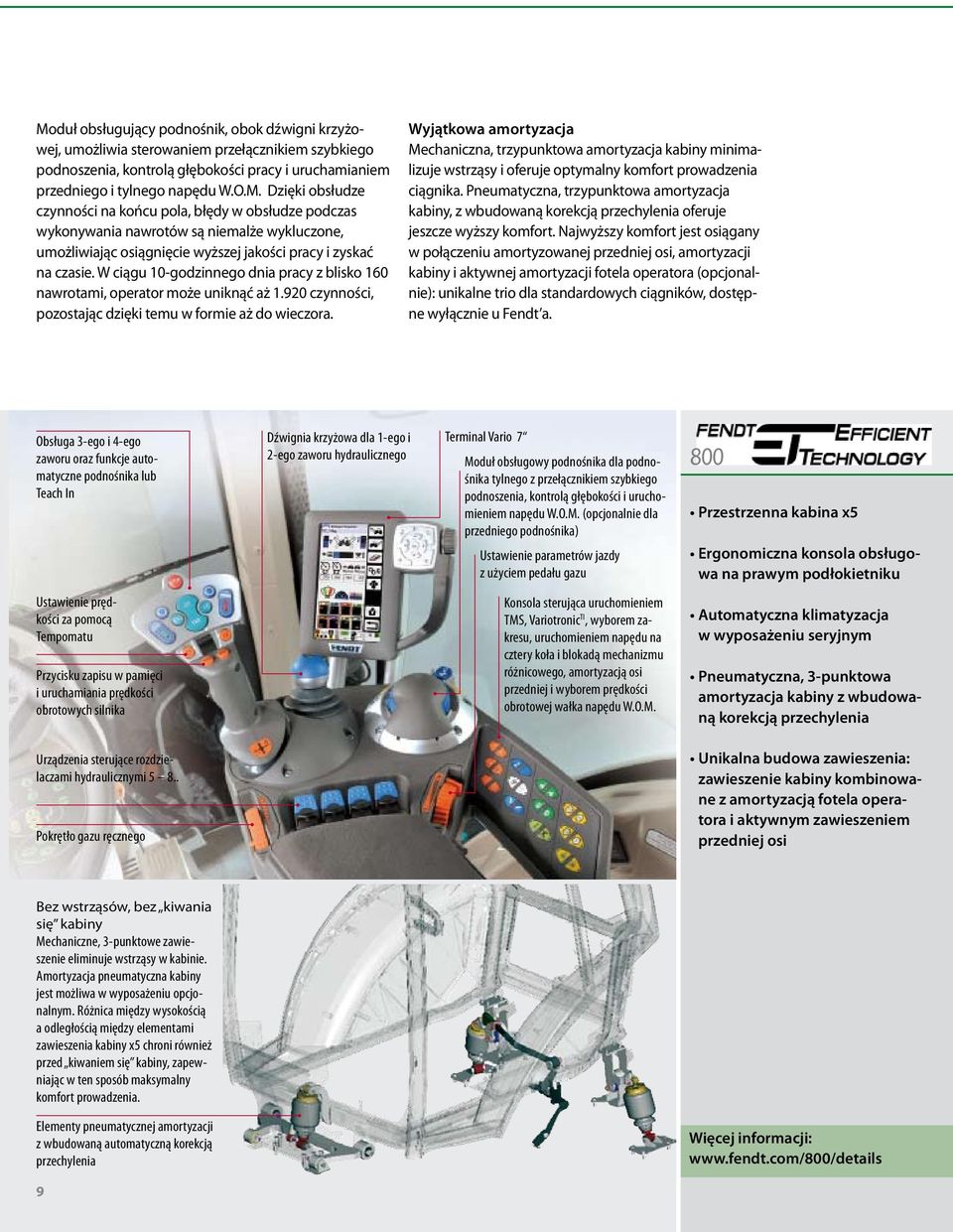 Wyjątkowa amortyzacja Mechaniczna, trzypunktowa amortyzacja kabiny minimalizuje wstrząsy i oferuje optymalny komfort prowadzenia ciągnika.