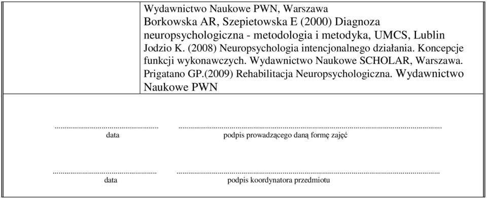 Koncepcje funkcji wykonawczych. Wydawnictwo Naukowe SCHOLAR, Warszawa. Prigatano GP.