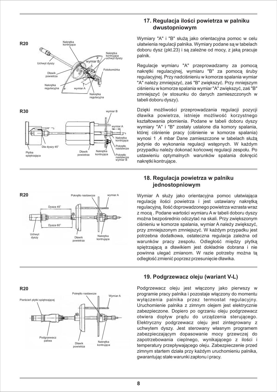 Regulacje wymiaru "A" przeprowadzamy za pomoc¹ nakrêtki regulacyjnej, wymiaru "B" za pomoc¹ œruby regulacyjnej. Przy nadciœnieniu w komorze spalania wymiar "A" nale y zmniejszyæ, zaœ "B" zwiêkszyæ.