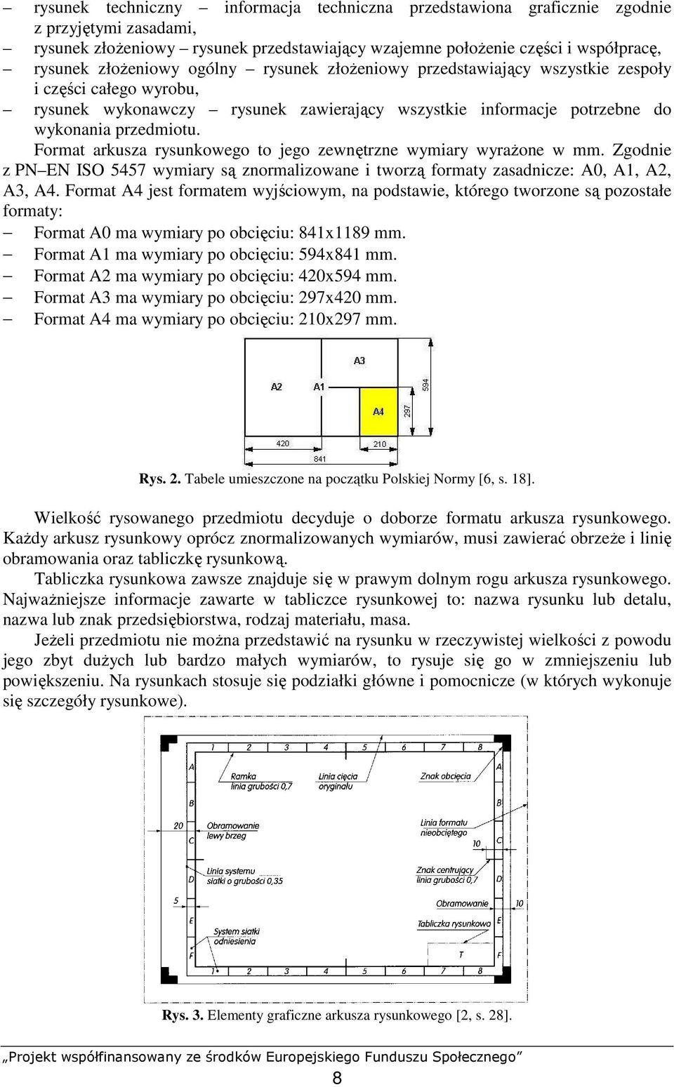 Format arkusza rysunkowego to jego zewnętrzne wymiary wyraŝone w mm. Zgodnie z PN EN ISO 5457 wymiary są znormalizowane i tworzą formaty zasadnicze: A0, A1, A2, A3, A4.