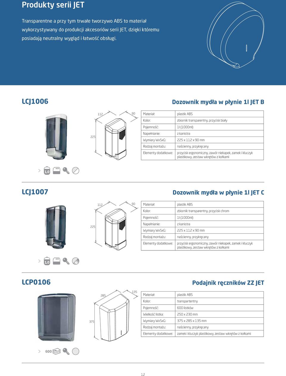 zamek i kluczyk plastikowy, zestaw wkrętów z kołkami 1,0 LCJ1007 Dozownik mydła w płynie 1l JET C 112 90 plastik ABS zbiornik transparentny, przycisk chrom 1l (1000ml) 225 Napełnianie: z kanistra 225