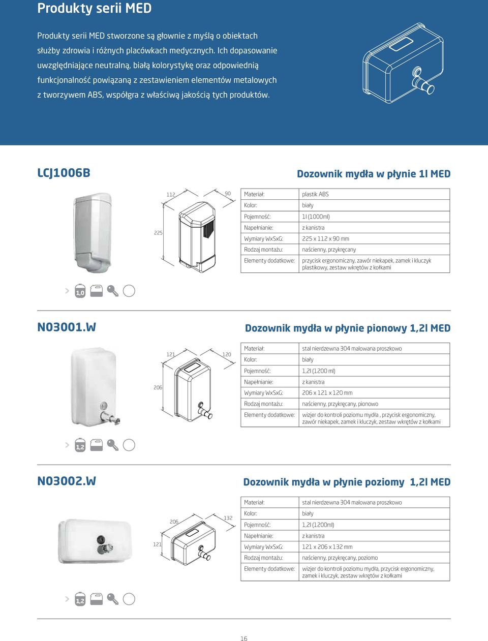 LCJ1006B Dozownik mydła w płynie 1l MED 112 90 plastik ABS biały 1l (1000ml) 225 Napełnianie: z kanistra 225 x 112 x 90 mm przycisk ergonomiczny, zawór niekapek, zamek i kluczyk plastikowy, zestaw