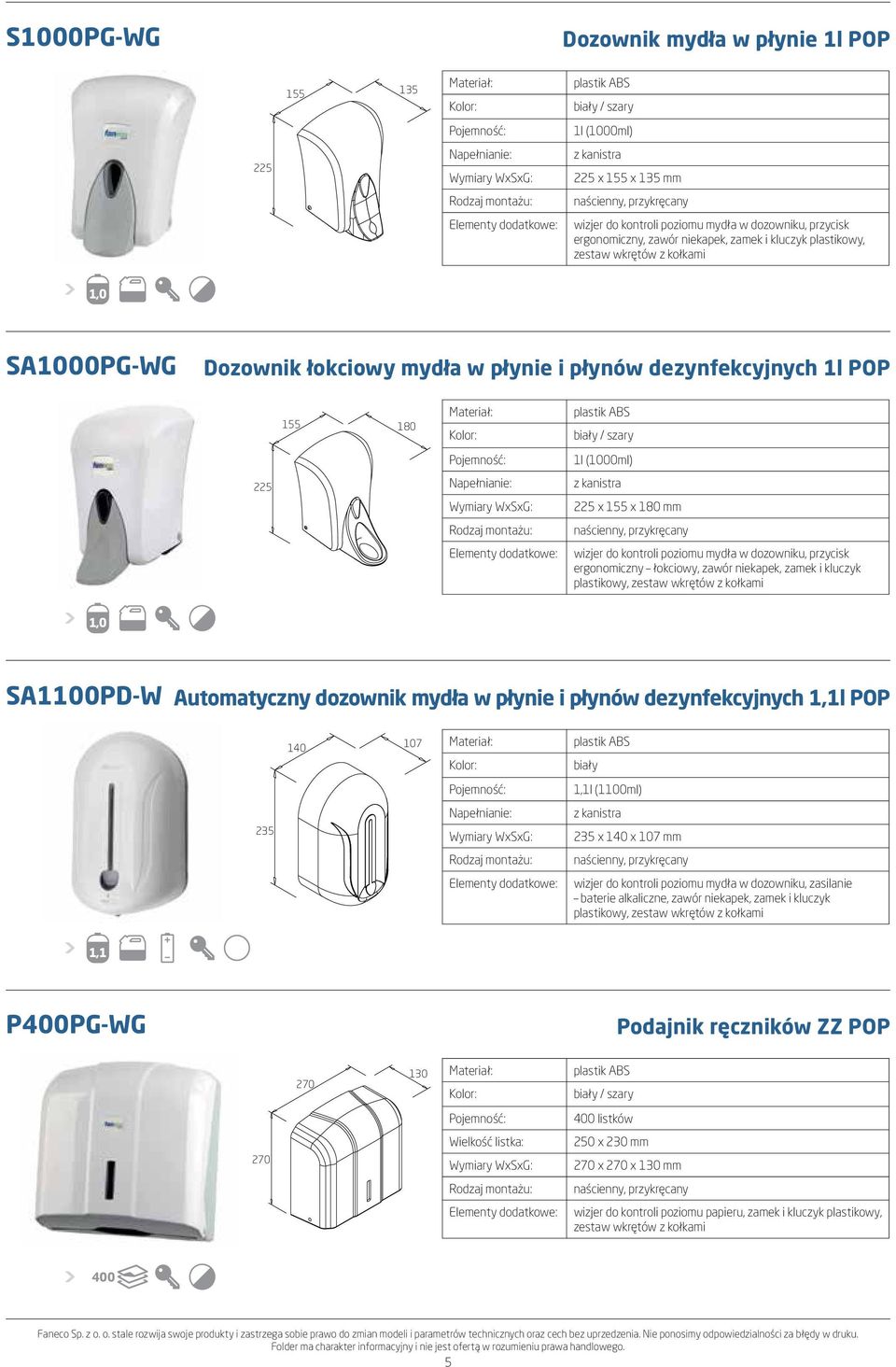 1l (1000ml) 225 Napełnianie: z kanistra 225 x 155 x 180 mm wizjer do kontroli poziomu mydła w dozowniku, przycisk ergonomiczny łokciowy, zawór niekapek, zamek i kluczyk plastikowy, zestaw wkrętów z