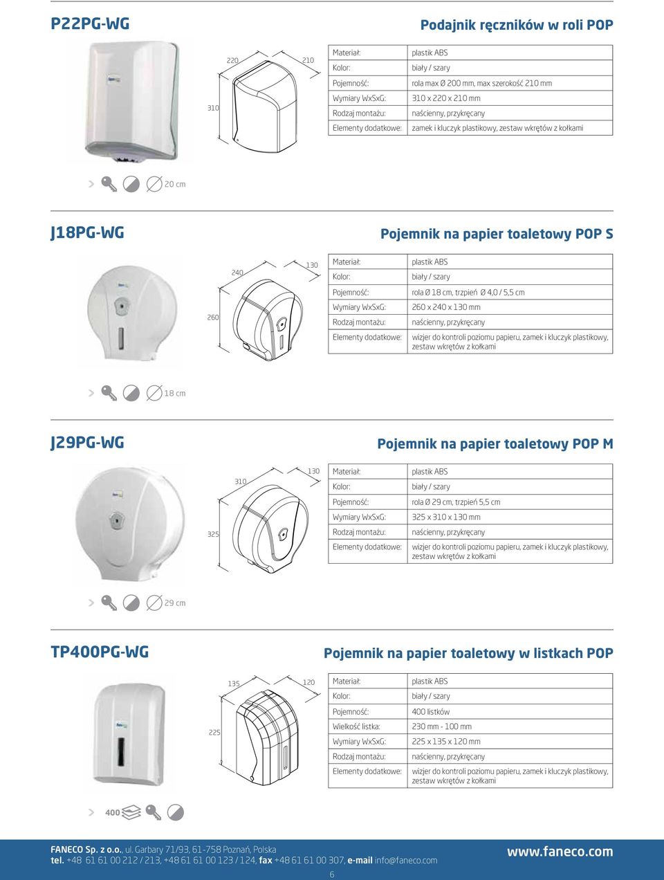 plastikowy, zestaw wkrętów z kołkami 18 cm J29PG-WG Pojemnik na papier toaletowy POP M 310 130 plastik ABS biały / szary rola Ø 29 cm, trzpień 5,5 cm 325 x 310 x 130 mm 325 wizjer do kontroli poziomu