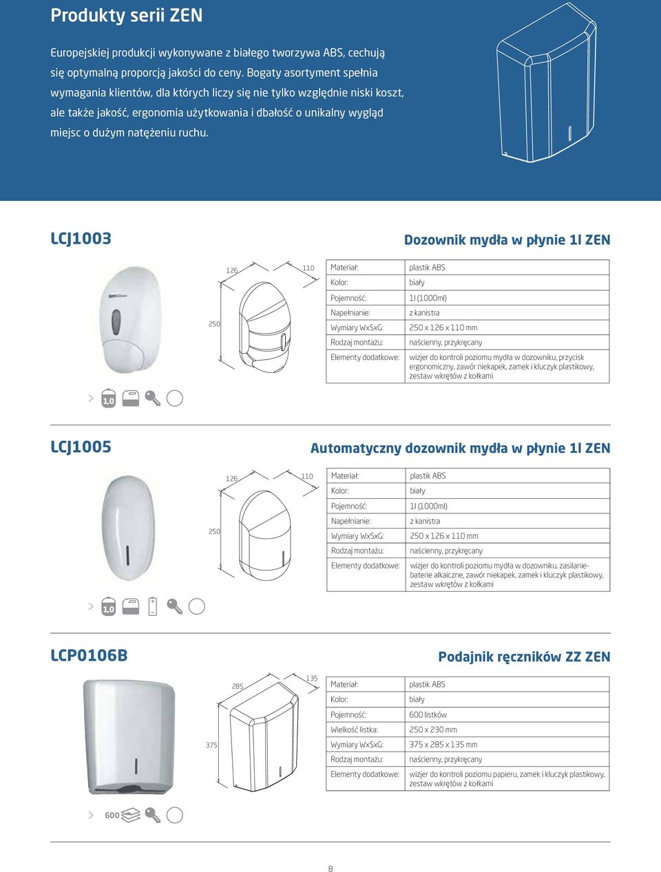 LCJ1003 Dozownik mydła w płynie 1l ZEN 126 110 plastik ABS biały 1l (1000ml) 250 Napełnianie: z kanistra 250 x 126 x 110 mm wizjer do kontroli poziomu mydła w dozowniku, przycisk ergonomiczny, zawór