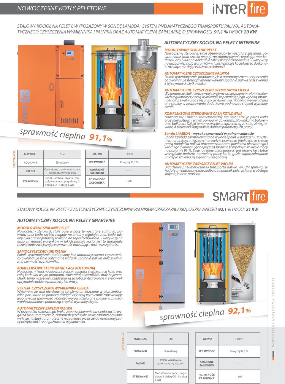 AUTOMATYCZNY KOCIOŁ NA PELETY INTERFIRE MODULOWANE SPALANIE PELET Nowoczesny sterownik stale obserwujący temperatury zasilania, powrotu oraz kotła szybko reaguje na zmiany płynnie regulując moc kotła