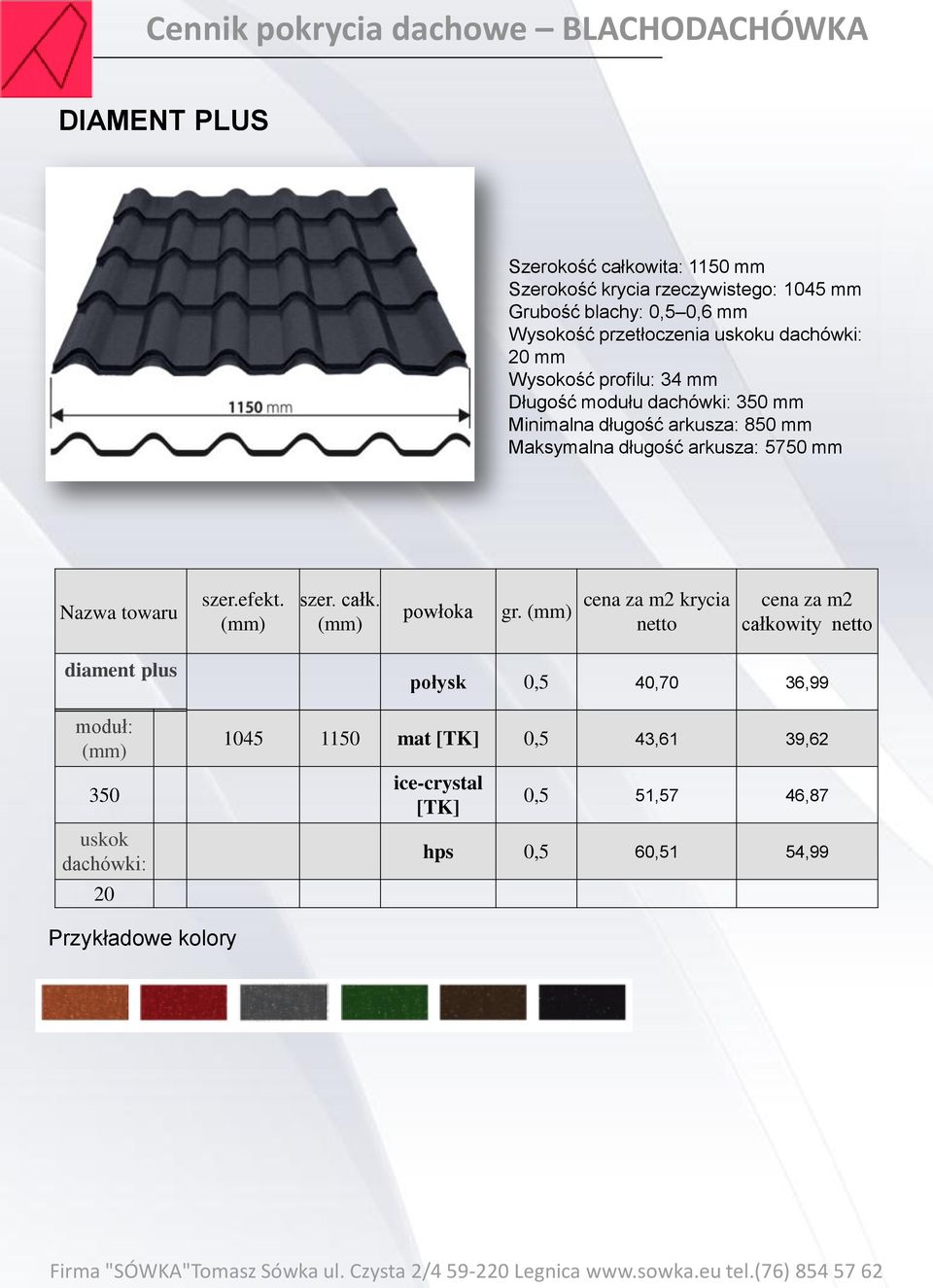 arkusza: 850 mm Maksymalna długość arkusza: 5750 mm Nazwa towaru szer.efekt. szer. całk. gr.