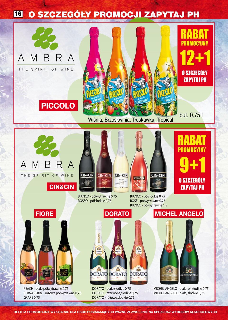 BIANCO - półwytrawne 1,5 FIORE DORATO MICHEL ANGELO PEACH - białe półwytrawne 0,75 STRAWBERRY - różowe półwytrawne 0,75