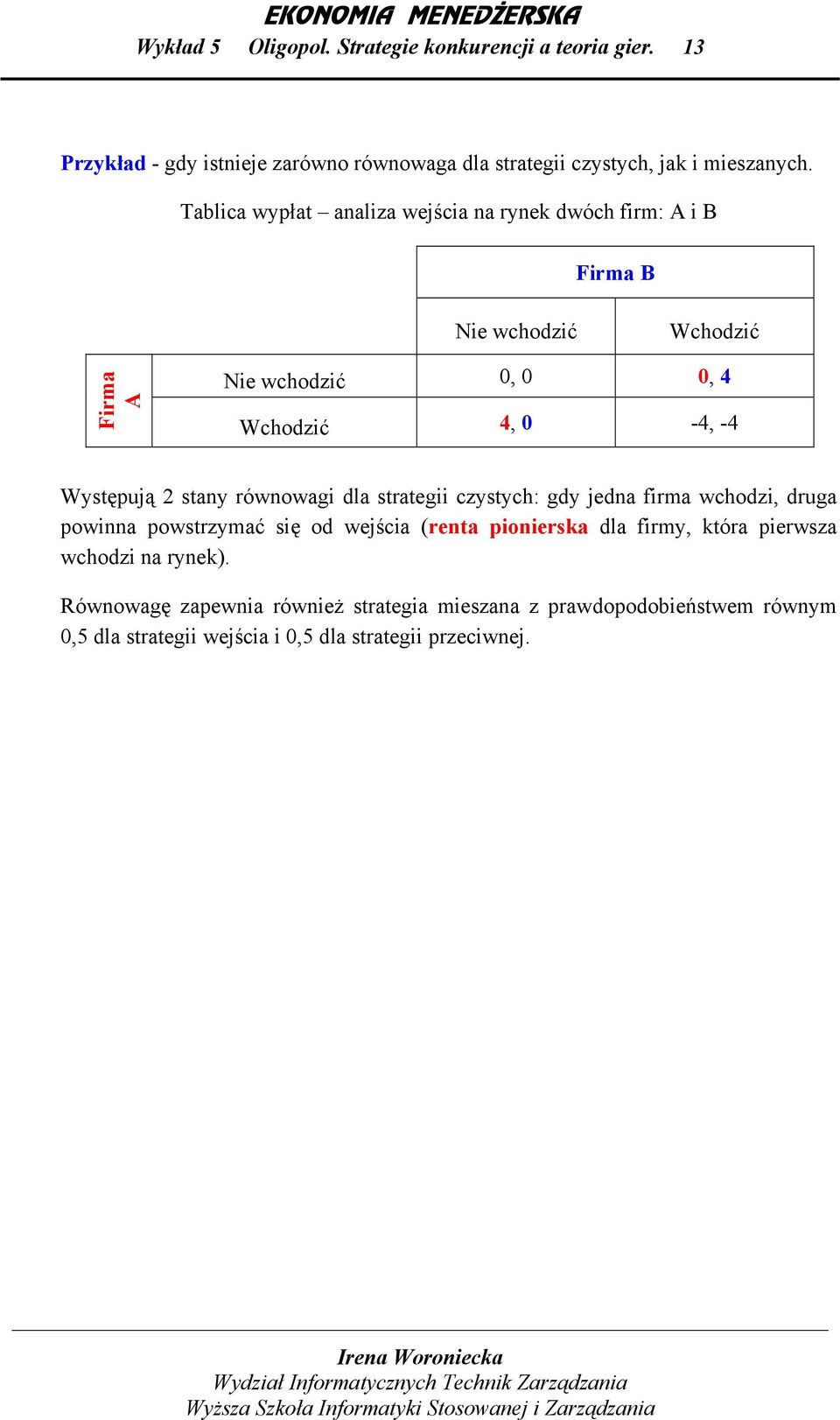 stany równowagi dla strategii czystych: gdy jedna firma wchodzi, druga powinna powstrzymać się od wejścia (renta pionierska dla firmy, która
