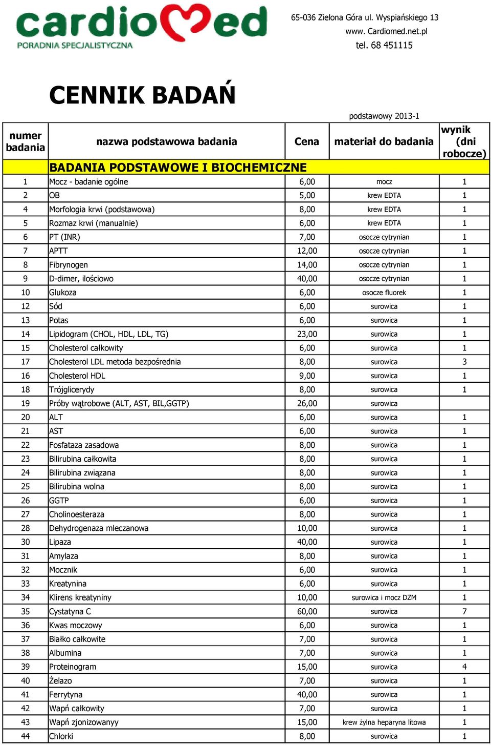 Cennik Badań Badania Podstawowe I Biochemiczne Wynik Dni