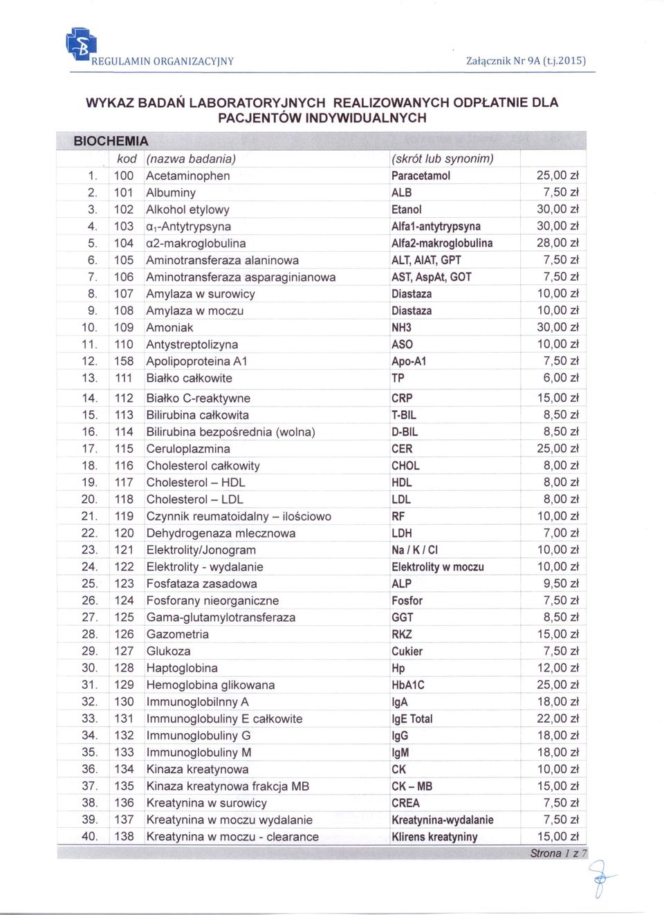 105 Aminotransferaza alaninowa ALT,AIAT,GPT 7,50 zł 7. 106 Aminotransferaza asparaginianowa AST,AspAt, GOT 7,50 zł 8. 107 Amylaza w surowicy Diastaza 9. 108 Amylaza w moczu Diastaza 10.