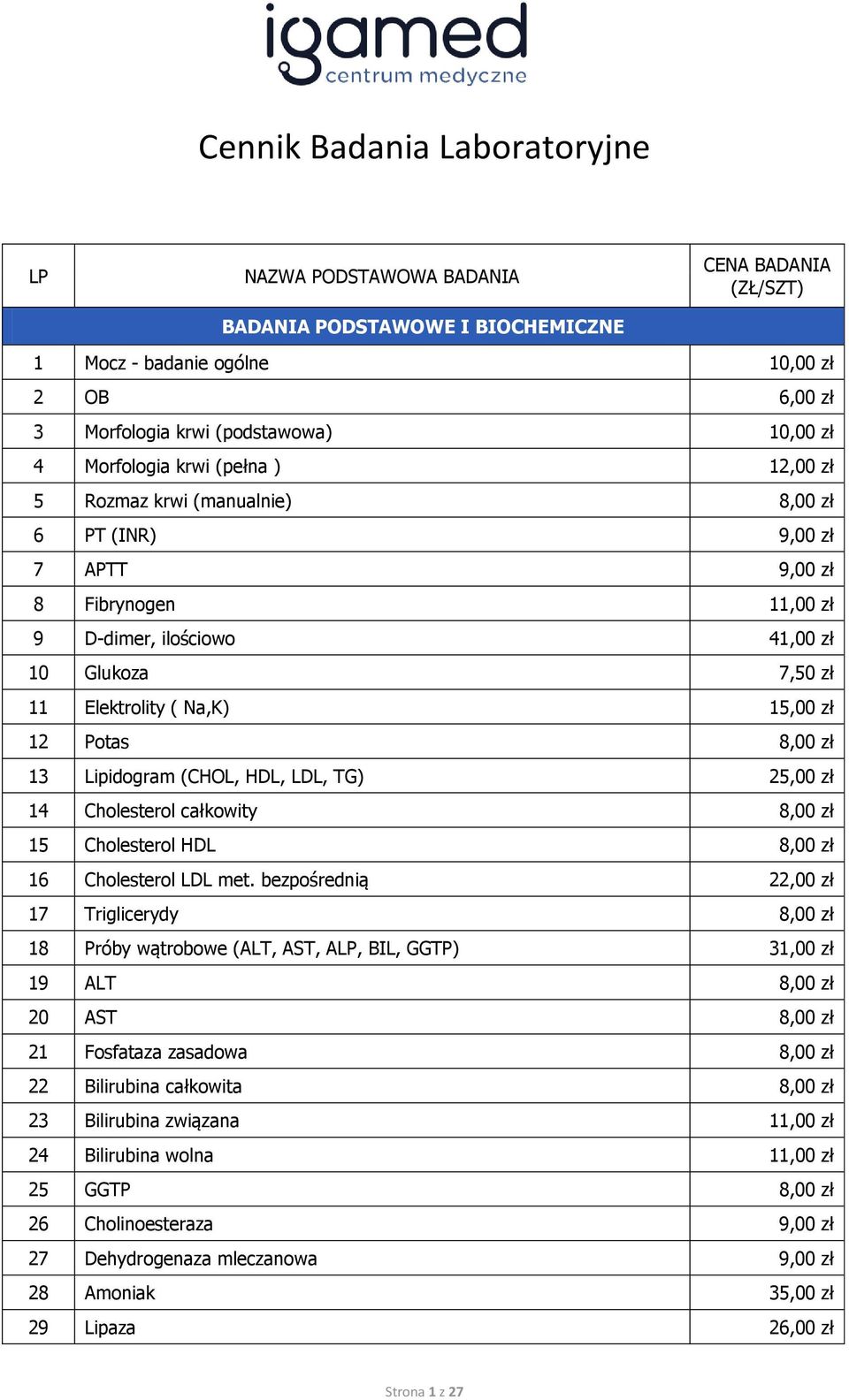 Lipidogram (CHOL, HDL, LDL, TG) 25,00 zł 14 Cholesterol całkowity 8,00 zł 15 Cholesterol HDL 8,00 zł 16 Cholesterol LDL met.