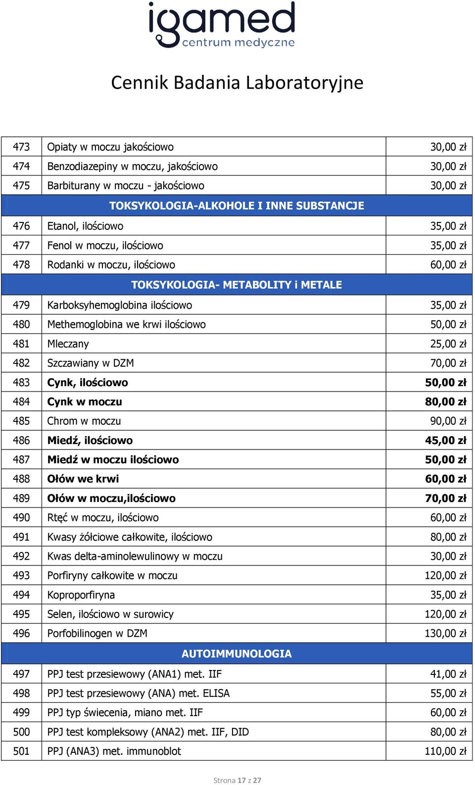 ilościowo 50,00 zł 481 Mleczany 25,00 zł 482 Szczawiany w DZM 70,00 zł 483 Cynk, ilościowo 50,00 zł 484 Cynk w moczu 80,00 zł 485 Chrom w moczu 90,00 zł 486 Miedź, ilościowo 45,00 zł 487 Miedź w