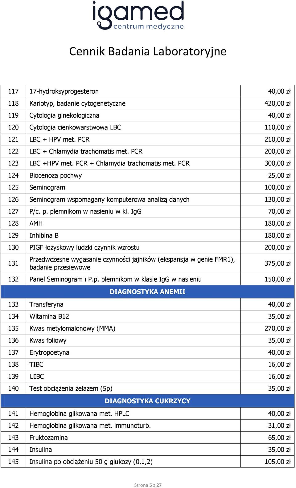 PCR 300,00 zł 124 Biocenoza pochwy 25,00 zł 125 Seminogram 100,00 zł 126 Seminogram wspomagany komputerowa analizą danych 130,00 zł 127 P/c. p. plemnikom w nasieniu w kl.